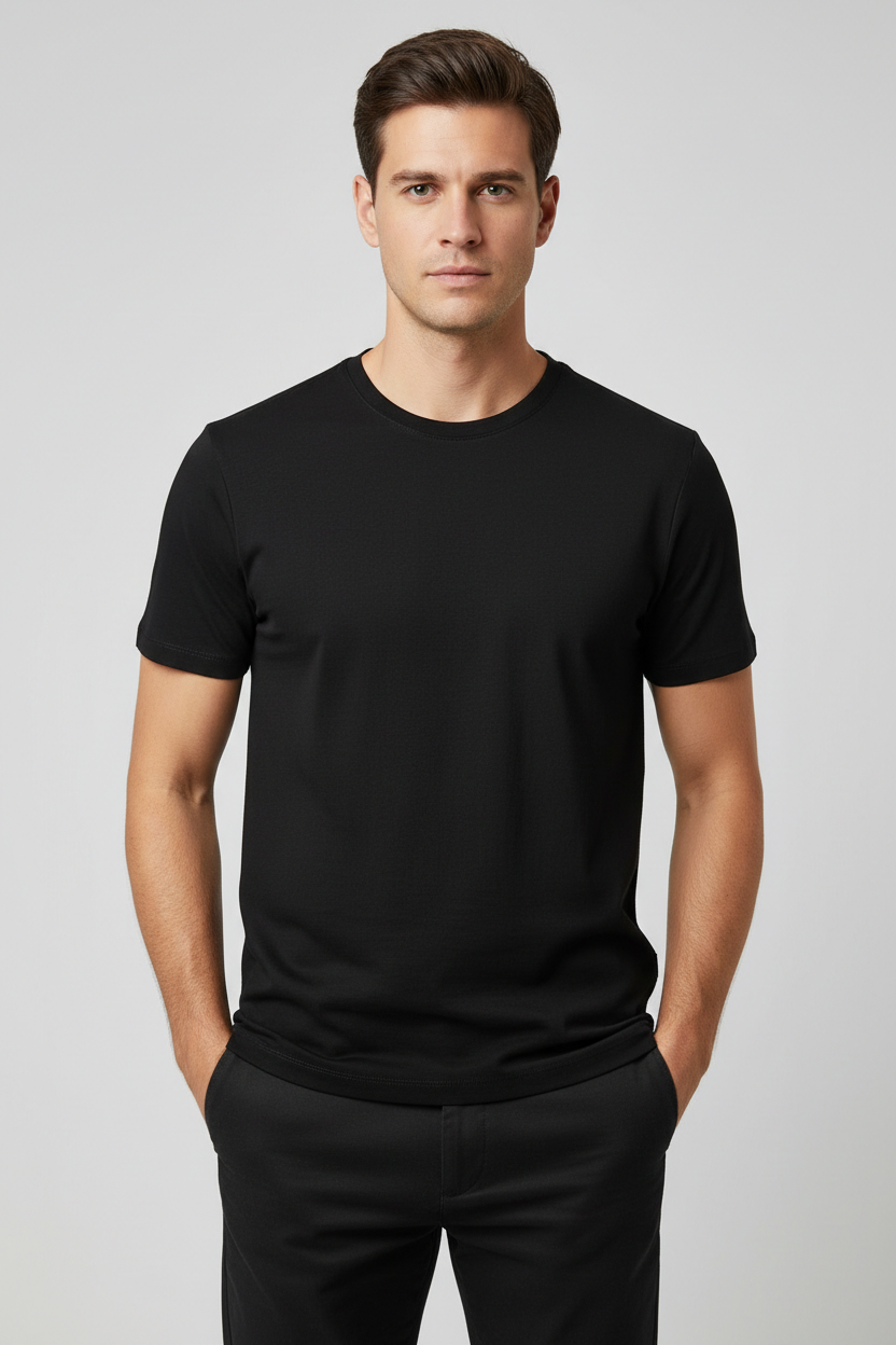 Homem com t-shirt preta fundo cinzento